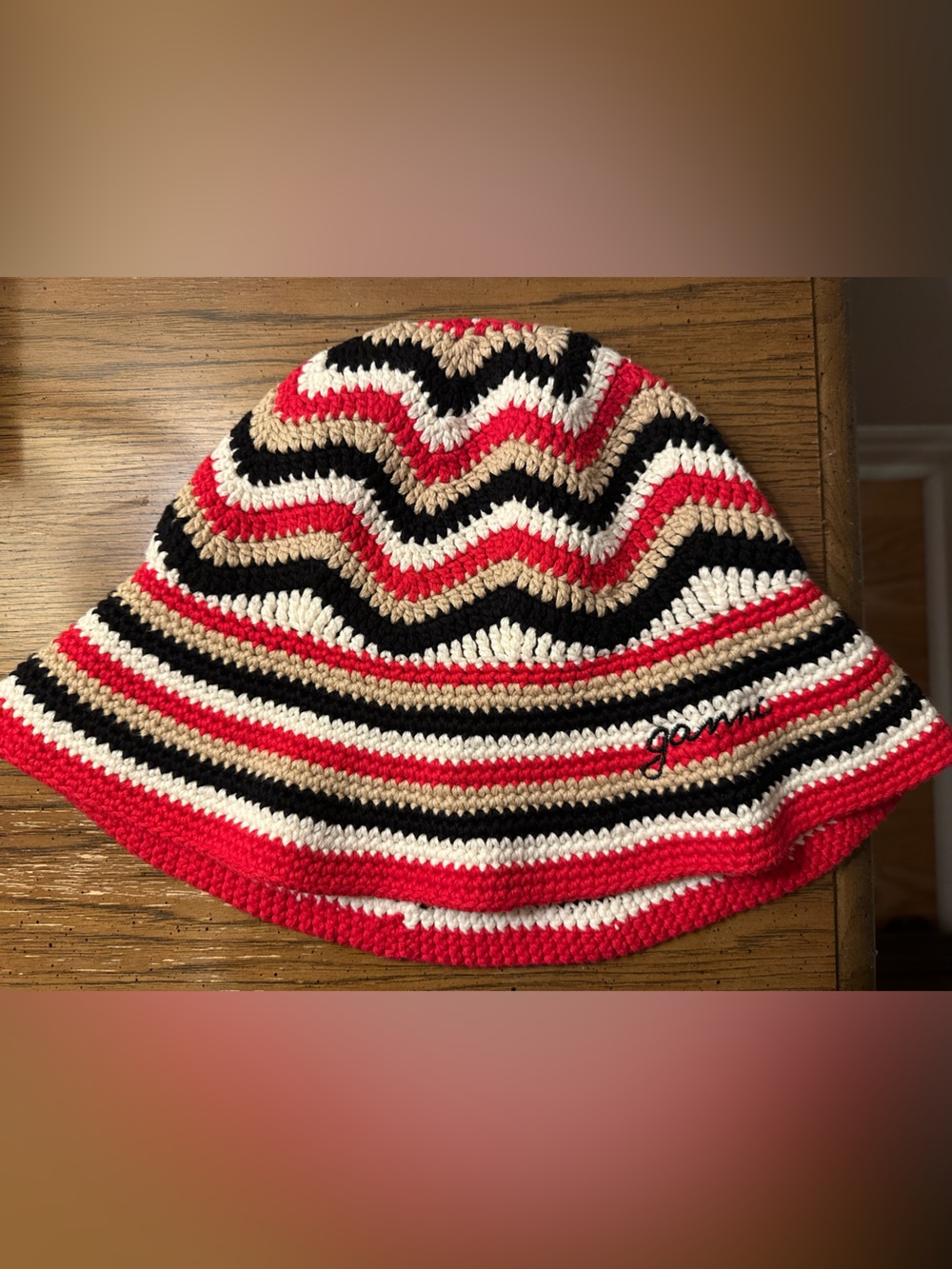 Ganni Striped Crochet Bucket Hat - Red, Black, Cream